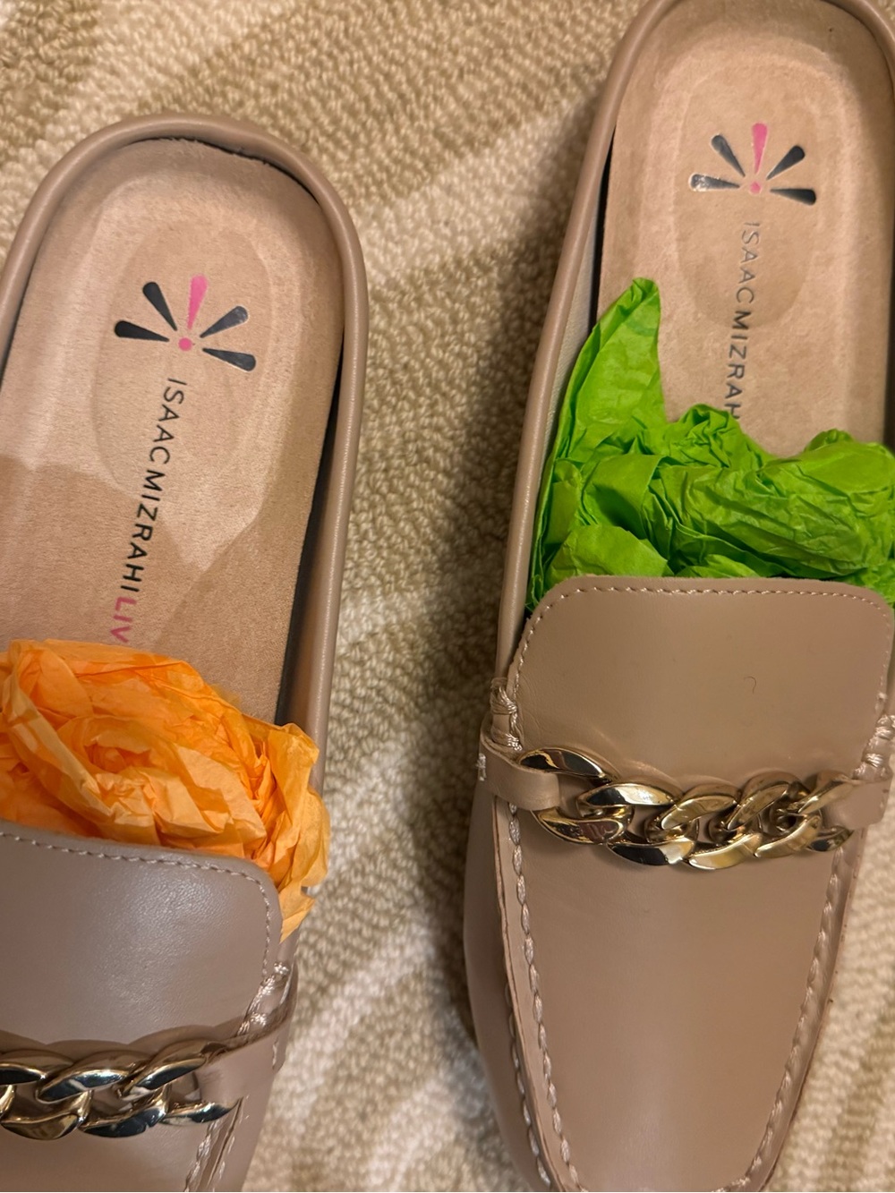 Isaac Mizrahi Taupe/Beige Slip-On Mules with Gold Chain